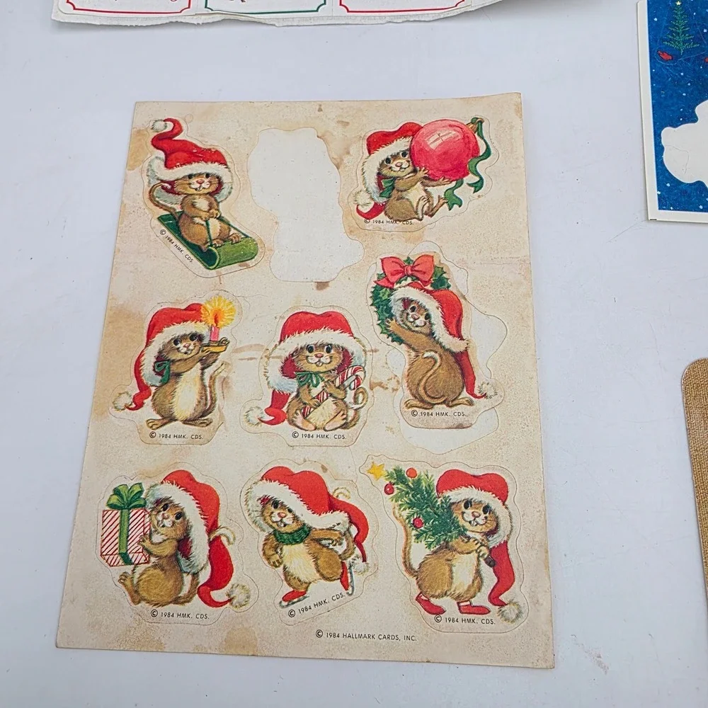 Vintage Hallmark Christmas Stickers Envelopes Postcard Lot Gnomes Mice Snowmen